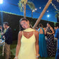 Robe de soirée longue en mousseline de soie à volants et bretelles spaghetti jaune élégante gh3382