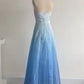 Girlhomeshops--Blue and white exquisite floral fashion gradient tube top long floor-length ball gown graduation dress gh5515