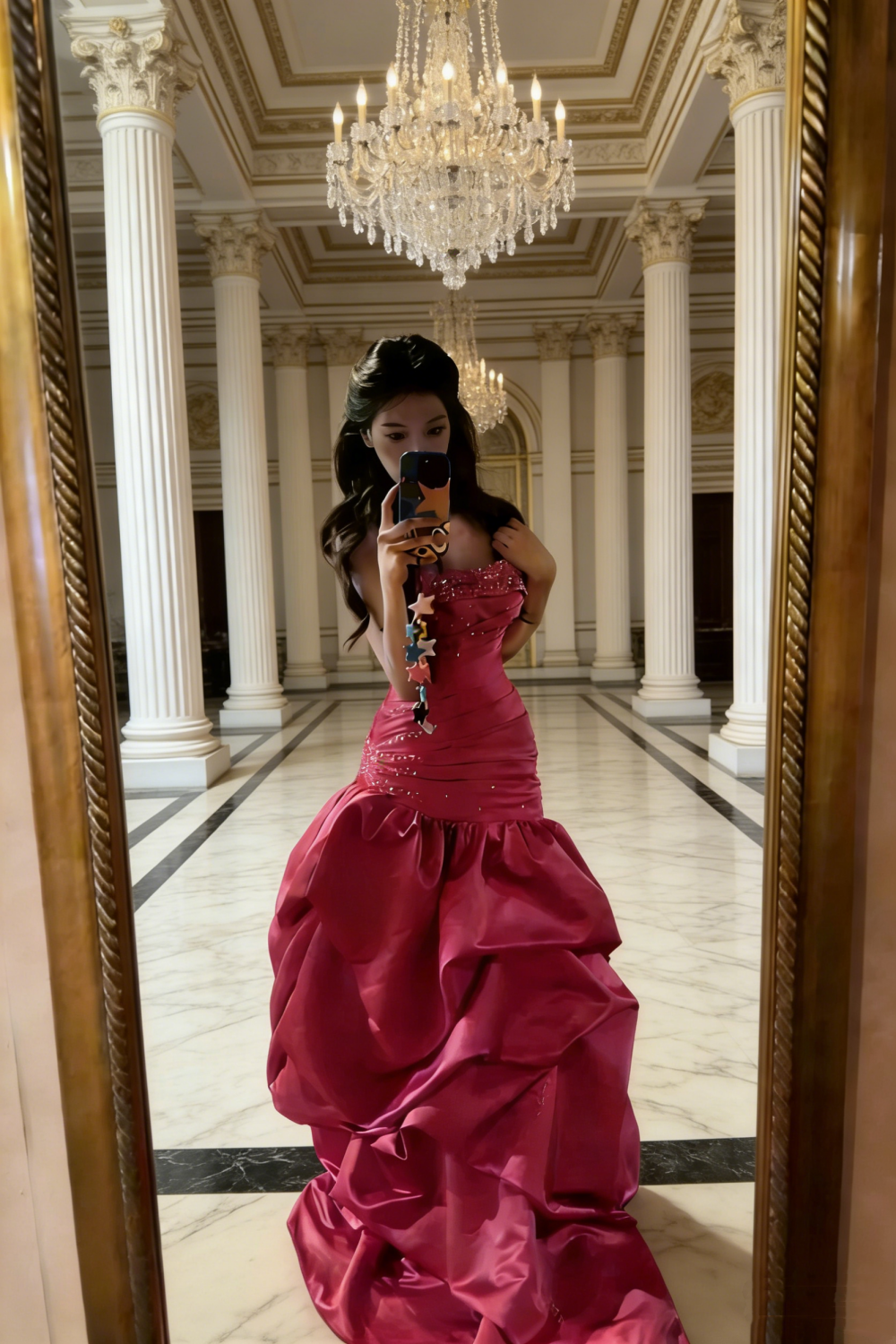 Rosarotes, trägerloses Satin-Abendkleid im Vintage-Stil mit Rüschenschleppe gh6943