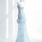 Light Blue Feather & Beaded Mermaid Gown - Ethereal Tulle Train Evening Dress gh6944