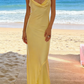 Light Yellow Satin Spaghetti Strap Maxi Dress - Cowl Neck Back Tie Beach Vacation/Garden Date/Light Evening Dress gh6995