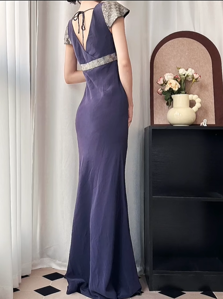 Navy‑Blue‑Vintage‑Gown Deep‑V‑Neck Sequin‑Cap‑Sleeves Silver‑Grey‑Beaded‑Waist‑Sash Gathered‑Draped‑Bust Matte‑Crinkled‑Fabric Fitted‑Mermaid‑Floor‑Length‑Evening‑Prom‑Dress gh8835