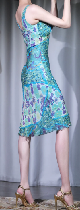 ✨Girlhomeshops-Teal Deep V Beaded Sequin Prom Gown Paisley Print Sleeveless Midi Bodycon Dress gh10091