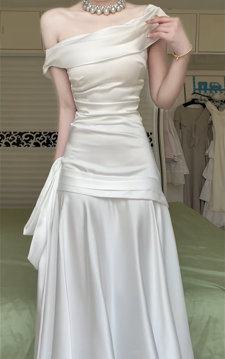 Ivory Off‑The‑Shoulder Fold‑Over Satin Long Evening Gown, Draped Pleats Side Sash A‑Line Formal Prom Dress gh8993