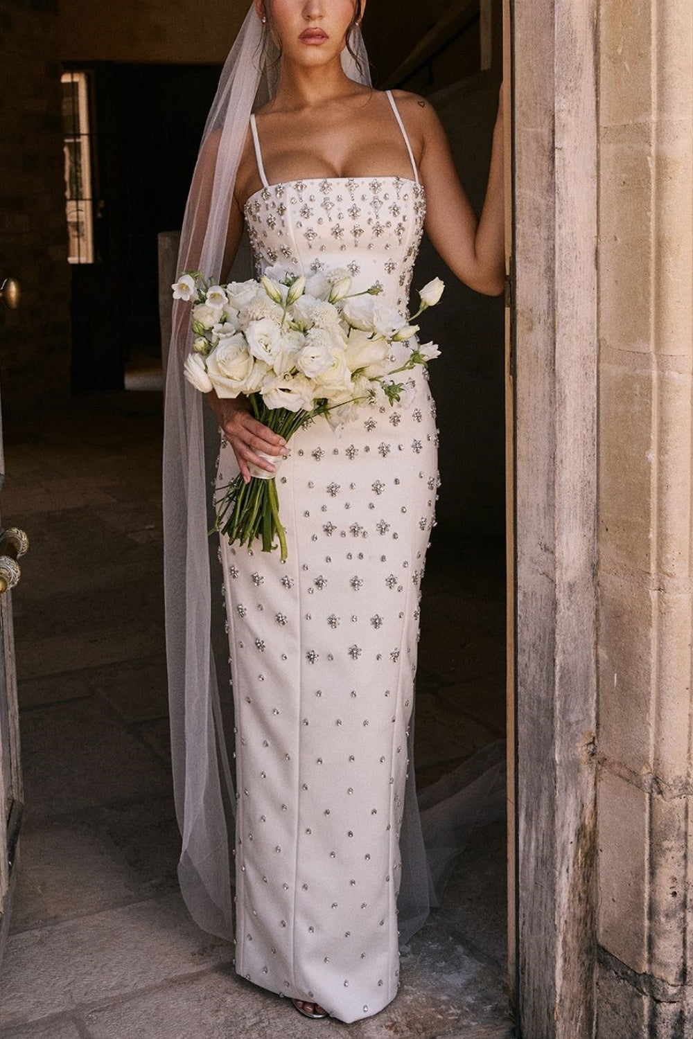 girlhomeshops-Ivory white mid-length satin exquisite beaded prom dress wedding dress evening dress gh5744