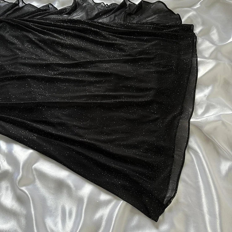 Robe de soirée longue en mousseline de soie noire brillante et élégante gh4232