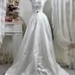 White Satin Halter Wedding Gown, Sleeveless Asymmetrical 3D Floral High Low Bridal Dress gh9281