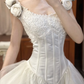 White Vintage Tulle Wedding Prom Dress, Square Neck Puff Sheer Lace Sleeves, Lace Appliqués, Multi‑Tier Ruffle Long Train gh8718
