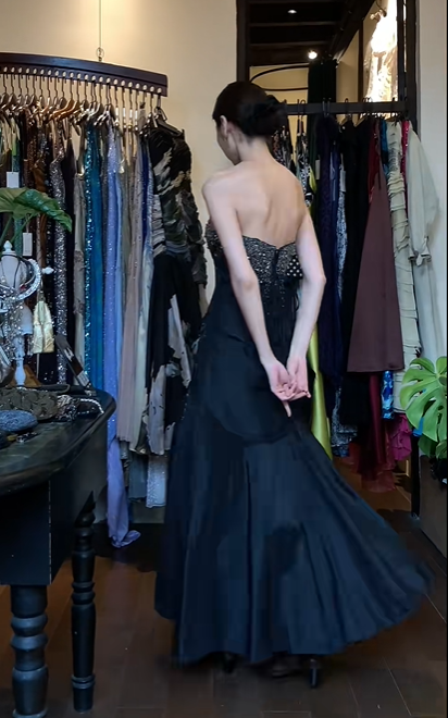 Black Strapless Long Formal Gown Hand Beaded Rhinestone Asymmetrical Mermaid Evening Dress gh9662