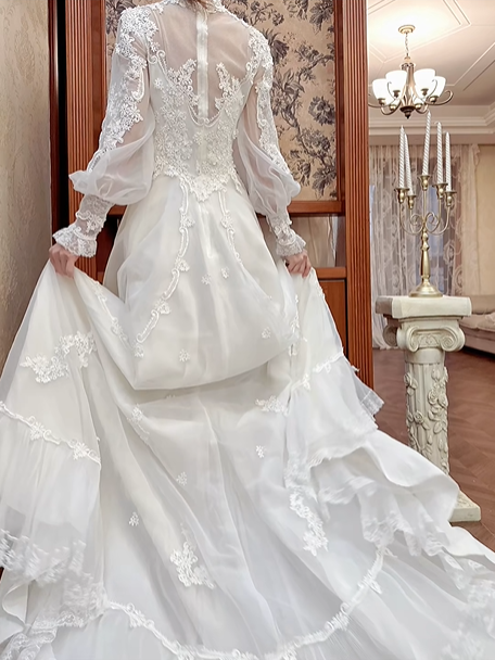 Ivory Vintage Wedding Gown, Square Neck Lace Trimmed Neckline, Lace Appliqué Empire Waist, Sheer Puff Long Sleeves, Flowy Chiffon Long Skirt With Train, Lace Ruffled Hem, Bridal Prom Dress gh8726