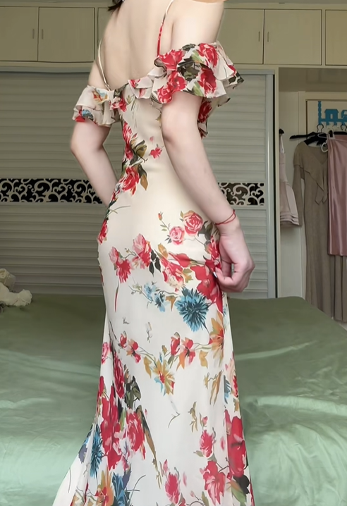 Vintage Floral Print Off‑Shoulder Spaghetti Strap Mermaid Evening Gown, Ruffle Neck Flowy Chiffon Formal Prom Dress gh9009