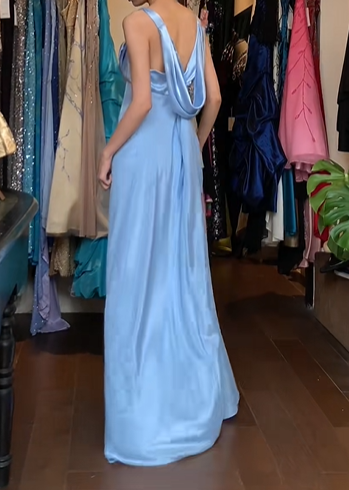 Light Blue Satin Prom Dress Cowl Neck Rhinestone Straps Column Long Evening Gown Bridesmaid Dress gh9623