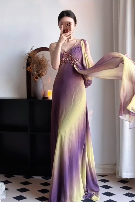 Purple‑Yellow‑Ombre‑Greek‑Gown One‑Shoulder‑V‑Neck Hand‑Beaded‑Bodice Flowy‑Chiffon Detachable‑Long‑Sash Draped‑Floor‑Length Retro‑Goddess‑Evening‑Dress gh8846