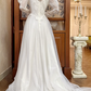 White Vintage Tulle Wedding Prom Dress, Square Neck Puff Sheer Lace Sleeves, Lace Appliqués, Multi‑Tier Ruffle Long Train gh8717