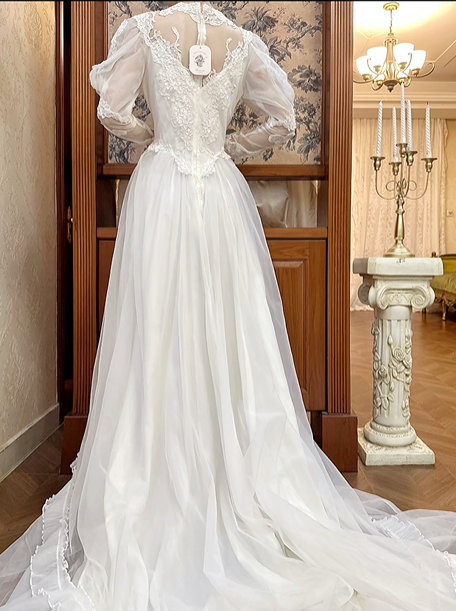White Vintage Tulle Wedding Prom Dress, Square Neck Puff Sheer Lace Sleeves, Lace Appliqués, Multi‑Tier Ruffle Long Train gh8717