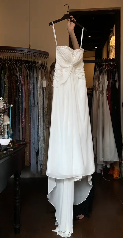 Spaghetti Strap White Prom Dress Twist Ruched Rhinestone Beaded High Low Chiffon Evening Gown gh9828