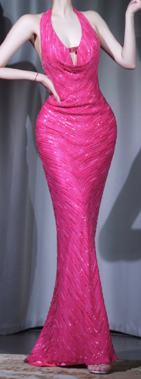 ✨Girlhomeshops-Fuchsia Halter Cowl Neck Cutout Beaded Sequin Mermaid Evening Dress gh10020