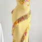 Pale Yellow Spaghetti Straps Leopard Lace Trim Waist-Cinched Bodycon Sexy Evening Dress, Fairy Gown, Romantic Gown gh7439