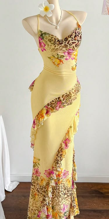 Pale Yellow Spaghetti Straps Leopard Lace Trim Waist-Cinched Bodycon Sexy Evening Dress, Fairy Gown, Romantic Gown gh7439