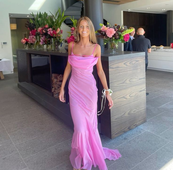 Robe de soirée longue en tulle à bretelles roses gh3068