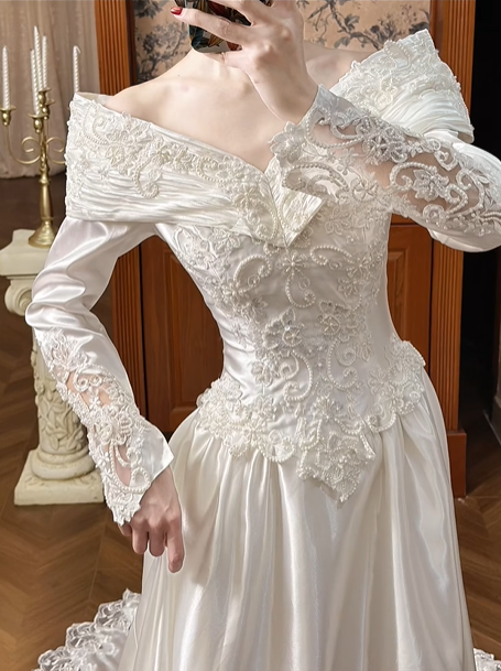 White Vintage Satin Wedding Gown, Off‑the‑Shoulder Fold‑Over V‑Neck, Long Satin Sleeves With Lace Cuffs, Exquisite Lace Appliqué Waist, A‑Line Satin Long Train With Scalloped Lace Hem, Prom Dress gh8652