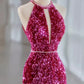Pink Gorgeous Shiny Exquisite Beaded Halter Long Mermaid Slim Sequin Floor Length Ball Gown Evening Gown Party Dress gh3395