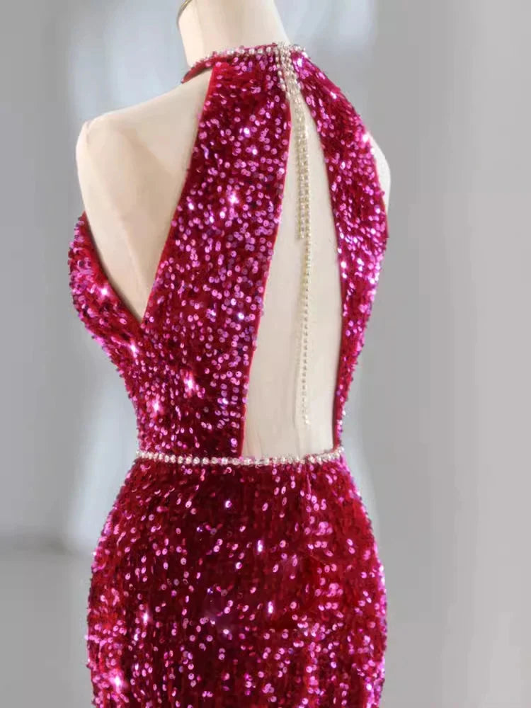 Pink Gorgeous Shiny Exquisite Beaded Halter Long Mermaid Slim Sequin Floor Length Ball Gown Evening Gown Party Dress gh3395
