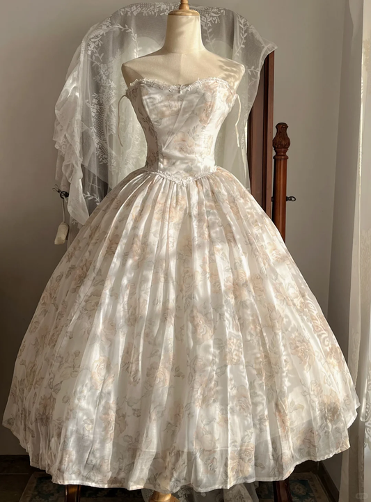 Floral Print Strapless Sweetheart Ball Gown, White Champagne Sheer Tulle Princess Party Dress gh9354