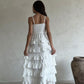 White spaghetti strap A-line long ruffled chiffon ball gown evening dress party dress gh2845