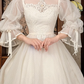 Off‑White Vintage Victorian High‑Neck Lace Bubble Flare Sleeve Tiered Ruffle Train Prom Gown, Wedding Dress gh8605