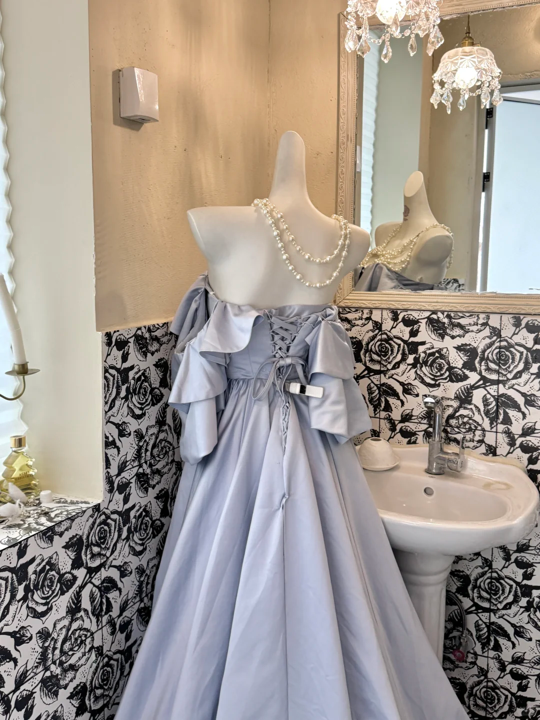 Light Blue Ruffled Strapless Waist-Cinched Full Flared Skirt Romantic Dress, Wedding Gown gh7641