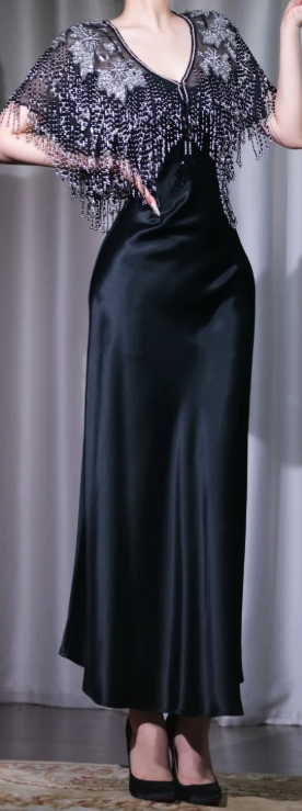 ✨Girlhomeshops-Black Satin Gown with Beaded Fringe Cape Gatsby Party Dress gh10132