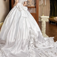 White Vintage Satin Wedding Ball Gown, Sweetheart Square Neck, Short Puff Sleeves, Gold‑Thread Lace Appliqué Pointed Waist, Voluminous A‑Line Skirt With Ruffle Lace Hem, Prom Dress gh8649