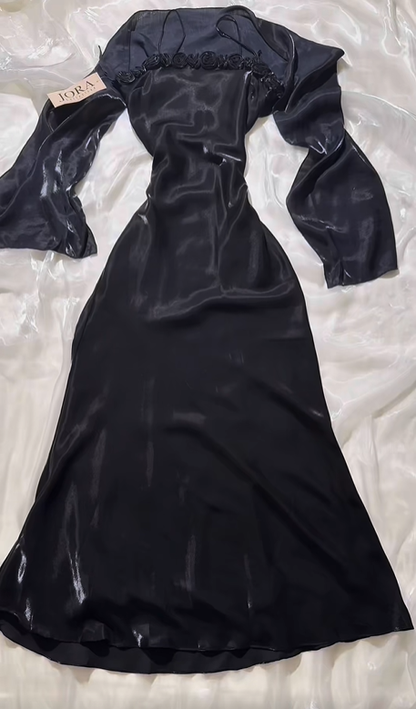 Vintage Long Prom & Evening Party Dress, Black Spaghetti Straps, Fitted Waist Slim Silhouette gh8591