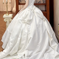 White Vintage Satin Ball Gown Wedding Prom Dress, Square Off‑the‑Shoulder Puff Sleeves, 3D Fabric Roses, Voluminous Pleated Skirt gh8708