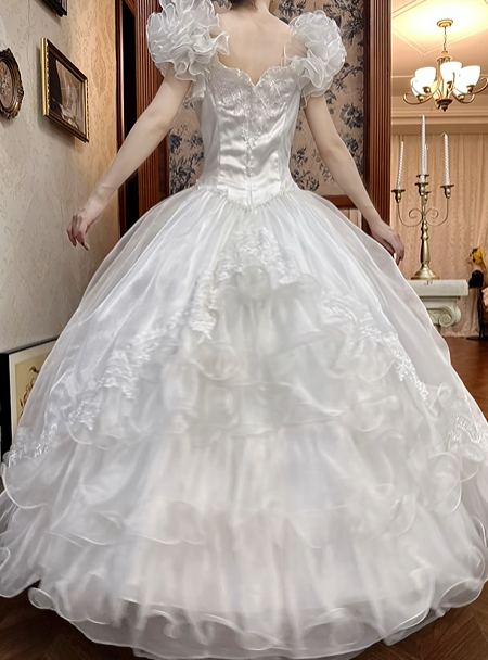 White Vintage Tulle Ball Gown Wedding Prom Dress, V‑Neck Ruffled Puff Sleeves, Lace Beaded Tassel Bodice, Multi‑Layer Curled Ruffle Cake Skirt gh8698
