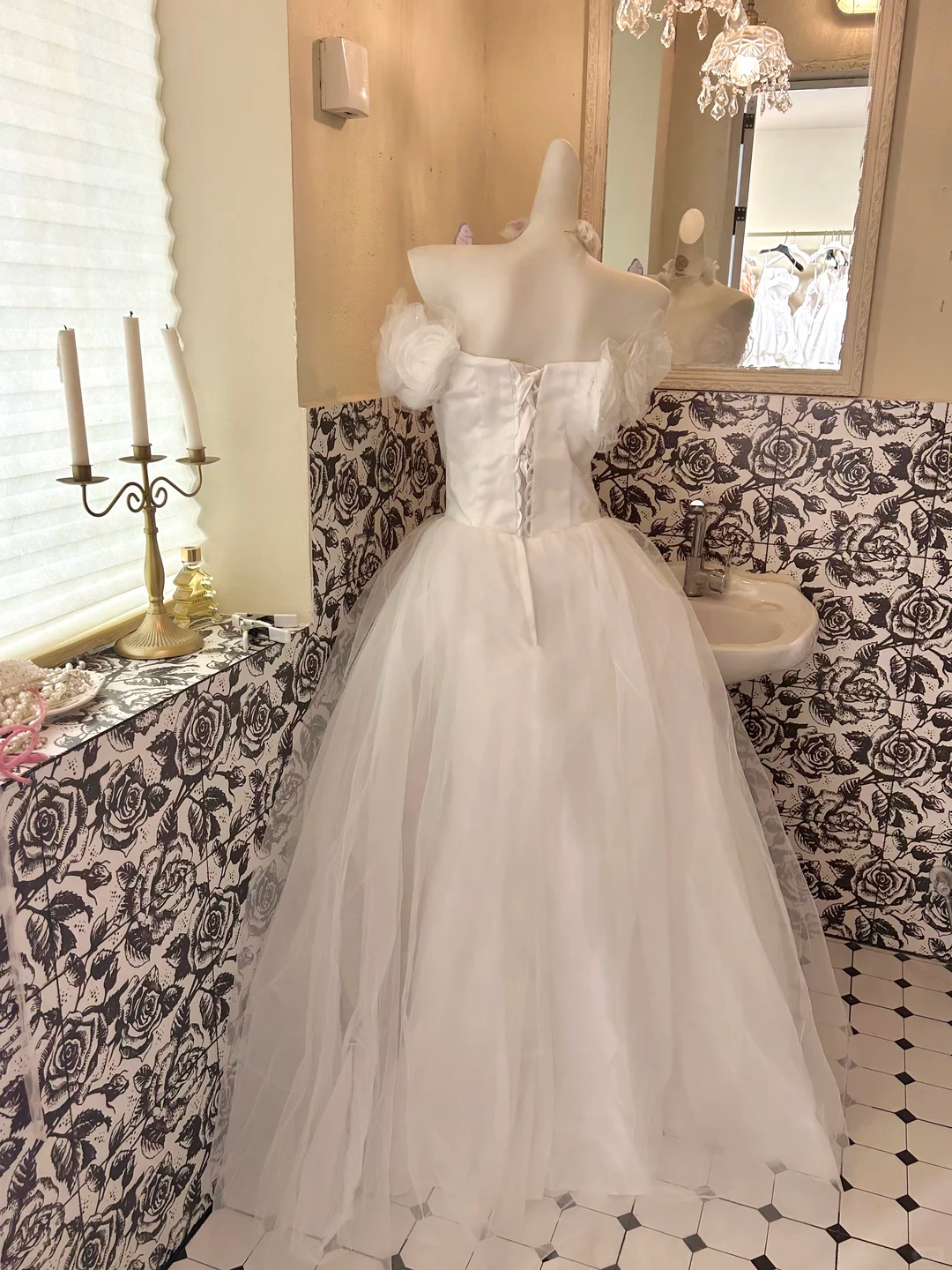 White Strapless Floral Waist-Cinched Voluminous Skirt Long Romantic Dress, Wedding Gown gh7766