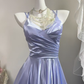 Women Vintage Lavender Satin Prom Dress, V-Neck With Double Spaghetti Straps, Cross Ruched Bodice, High Waist, Flowy Full A-Line Skirt, Elegant Floor Length Evening Gown For Photoshoot gh9274