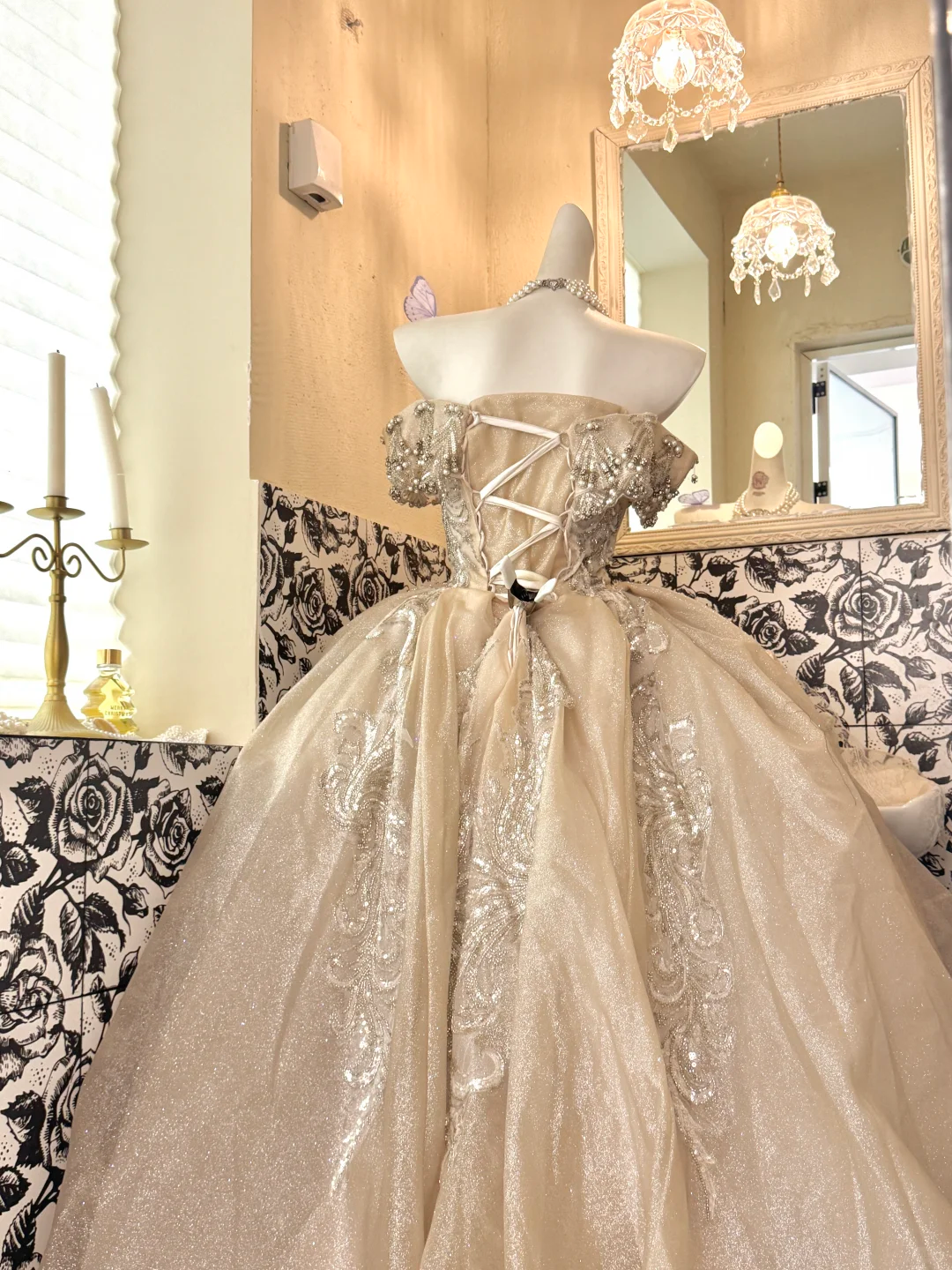 Champagne Off-the-Shoulder Waist-Cinched Gown with Silver Decorations, Voluminous Skirt Long Romantic Dress, Wedding Gown gh7760