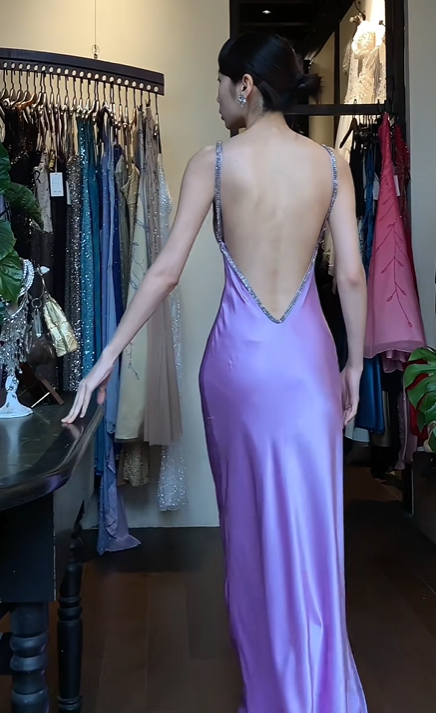 Lavender Spaghetti Strap Long Formal Gown Satin Rhinestone Beaded Mermaid Evening Dress gh9643