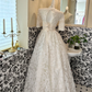 Ivory Mid-Long Sleeve Lace Waist-Cinched Full Flared Skirt Elegant Romantic Dress, Wedding Gown gh7630