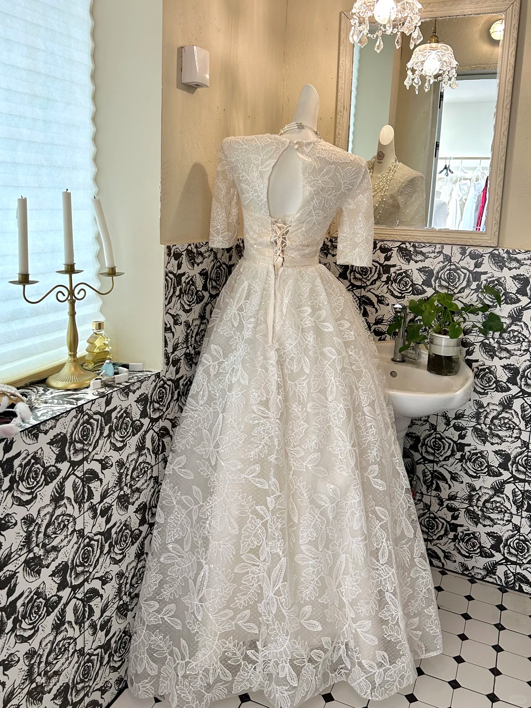 Ivory Mid-Long Sleeve Lace Waist-Cinched Full Flared Skirt Elegant Romantic Dress, Wedding Gown gh7630