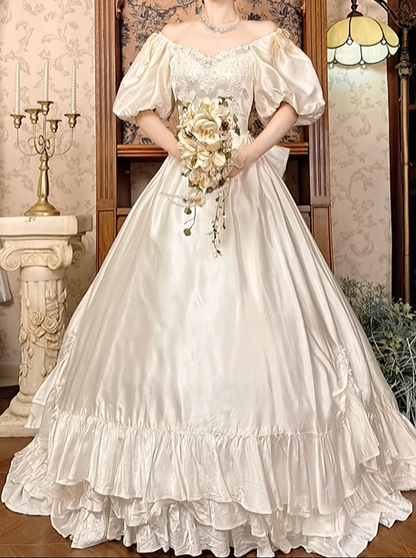 Long Prom & Wedding Dress, Off‑White With Puff Sleeves, Fitted Waist, Full Flared Skirt gh8608
