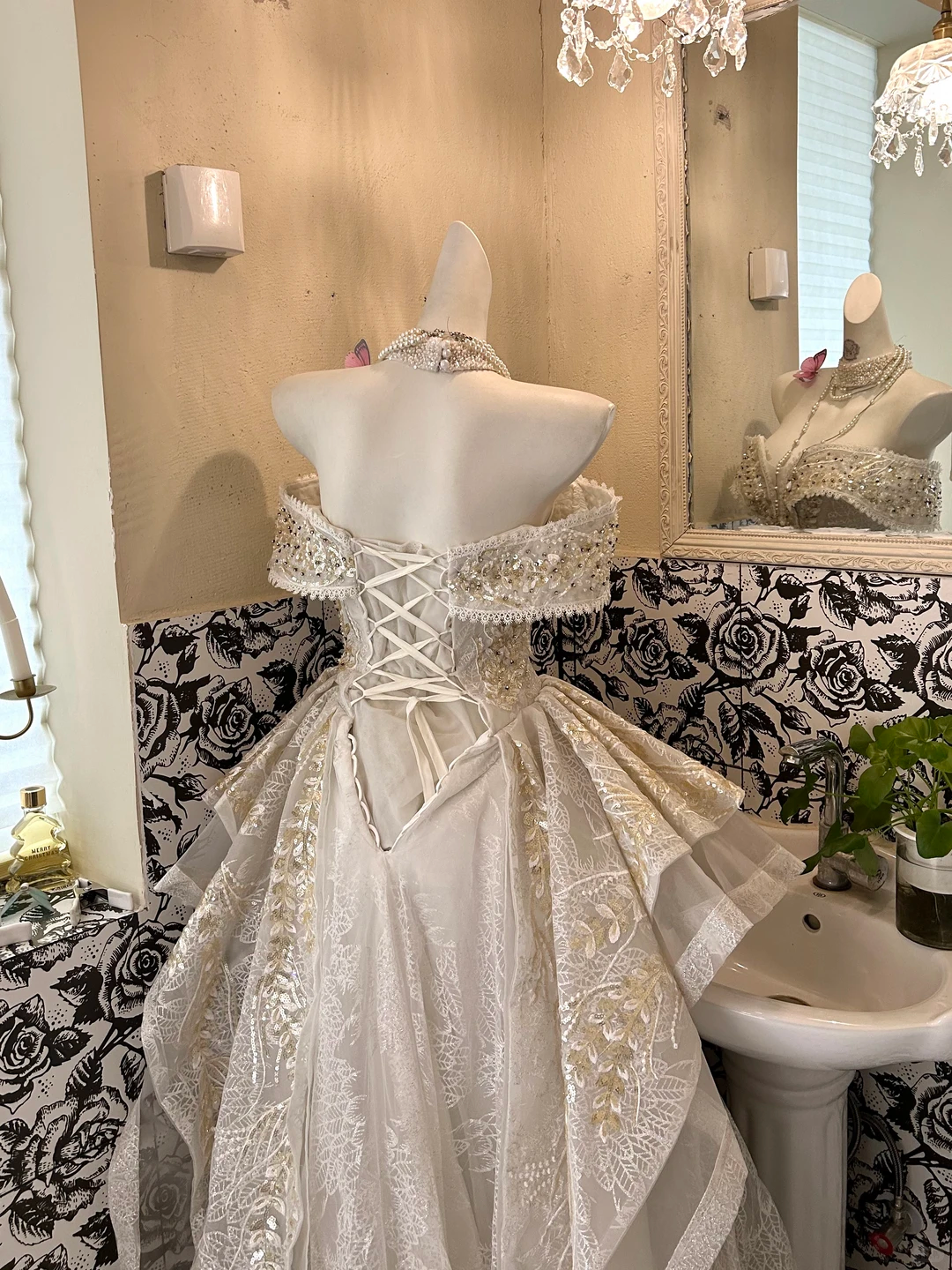 Ivory Off-the-Shoulder Soft Elegant Waist-Cinched Irregular Hem Romantic Dress, Wedding Gown gh7627