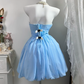 Light Blue Strapless Homecoming Dress Ruched Bodice Puff Bubble Skirt Short Cocktail Gown gh9402