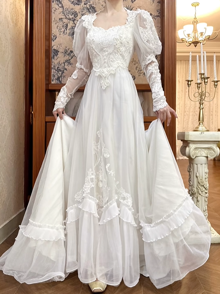 White Vintage Tulle Wedding Prom Dress, Square Neck Puff Sheer Lace Sleeves, Lace Appliqués, Multi‑Tier Ruffle Long Train gh8717