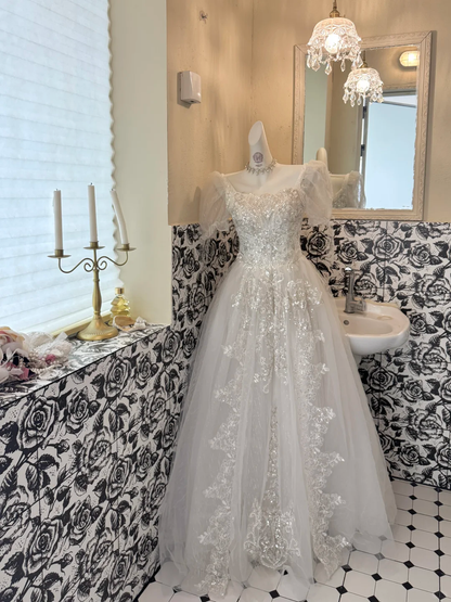 Ivory Square Neck Waist-Cinched A-Line Luxury Romantic Dress, Wedding Gown gh7696