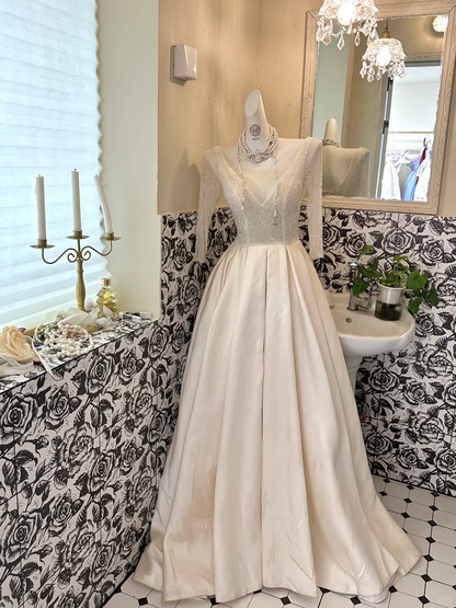 Ivory V-Neck Waist-Cinched Full Flared Skirt Luxury Elegant Romantic Dress, Wedding Gown gh7647