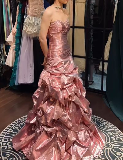 Metallic Pink Strapless Ruffled Long Evening Gown Sweetheart Beaded Prom Dress gh9847