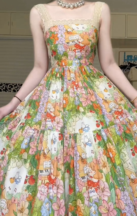 Cartoon Floral Print Spaghetti Strap Midi Prom Dress, Lace Trim Square Neck Tiered Swing Formal Party Gown gh9019